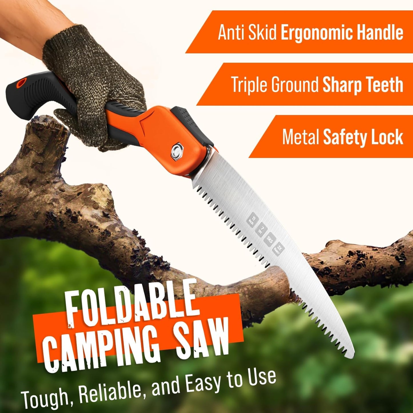 Folding Camping saw 11 Inch - Heavy Duty Pruning Saw with Triple-Cut SK5 Blade, 7 TPI Razor Teeth