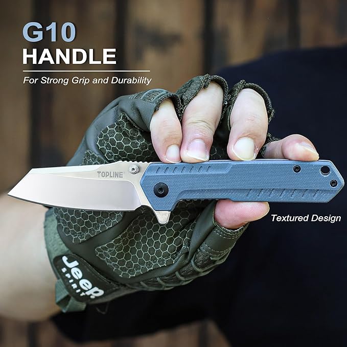 TOPLINE Folding Pocket Knife with G10 Handle, 14C28N Steel Blade Camping Folding Knife, Liner Lock, Portable Pocket Knife for Men, Women, Outdoor Users, Lightweight EDC Knife for Hunting, Survival, Blue
