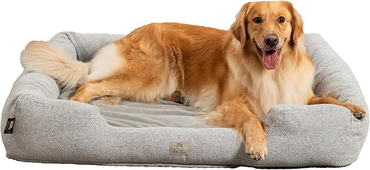 Furry's Paradise Foam Cuddler Waterproof Bolster Pet Bed with Reversible Cushion, Recycled Fibers and Non-Slip Bottom. (Gray Paisley, Orthopedic Large)