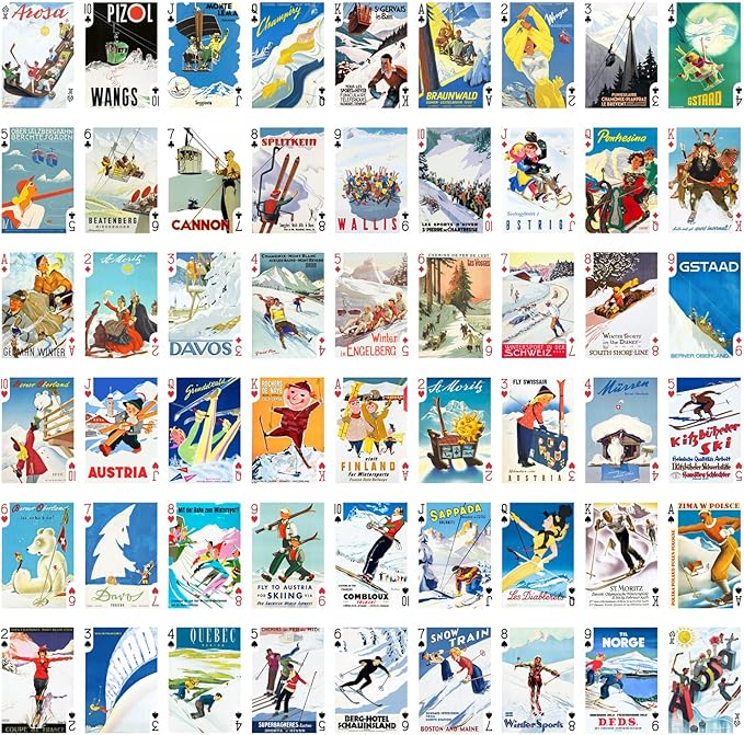 Winter Sport Playing Cards (Poker Deck 54 Cards All Different) Vintage European Travel Posters Retro Adverts
