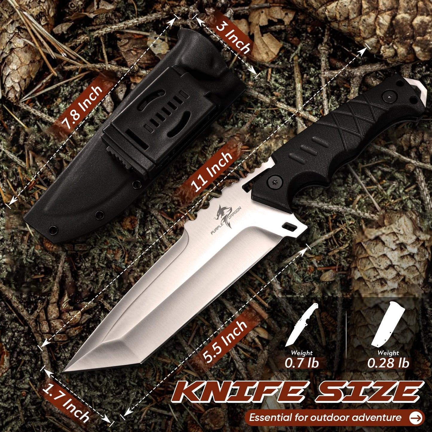 Purple Dragon Fixed Blade Knife with Kydex Sheath - Plain Blade