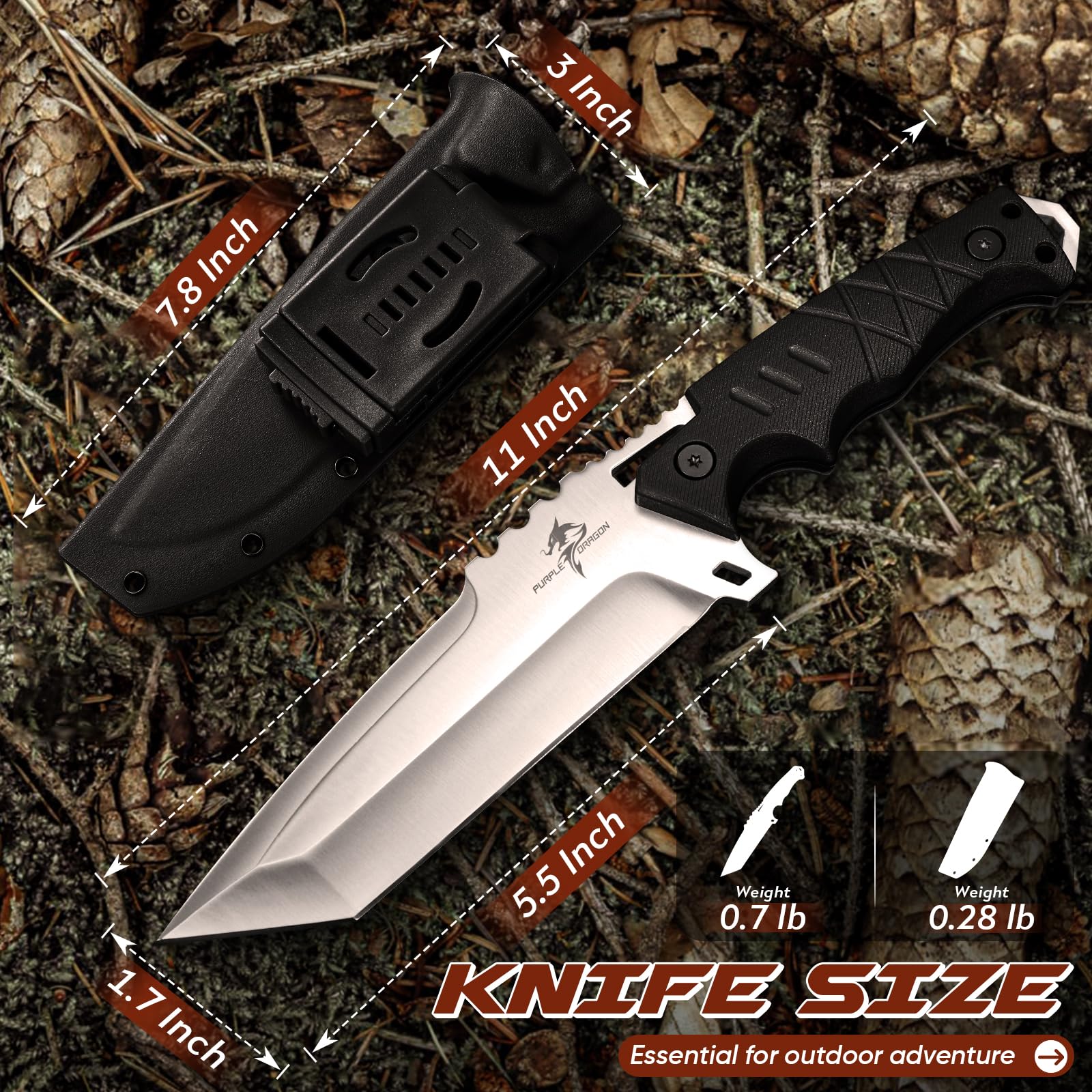 Purple Dragon Fixed Blade Knife with Kydex Sheath - Plain Blade