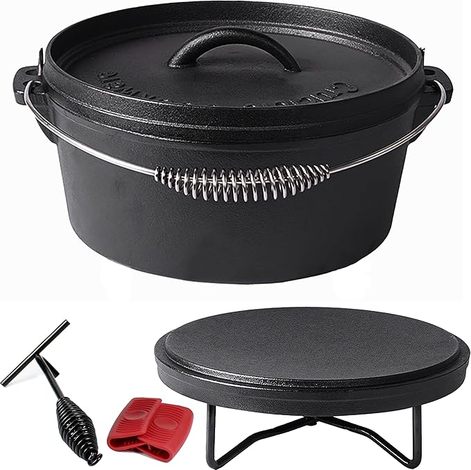 Pre-Seasoned Cast Iron Camp Dutch Oven, 4.1 qt, including Lid Lifter, Lid Stand and Silicone Handle Holders
