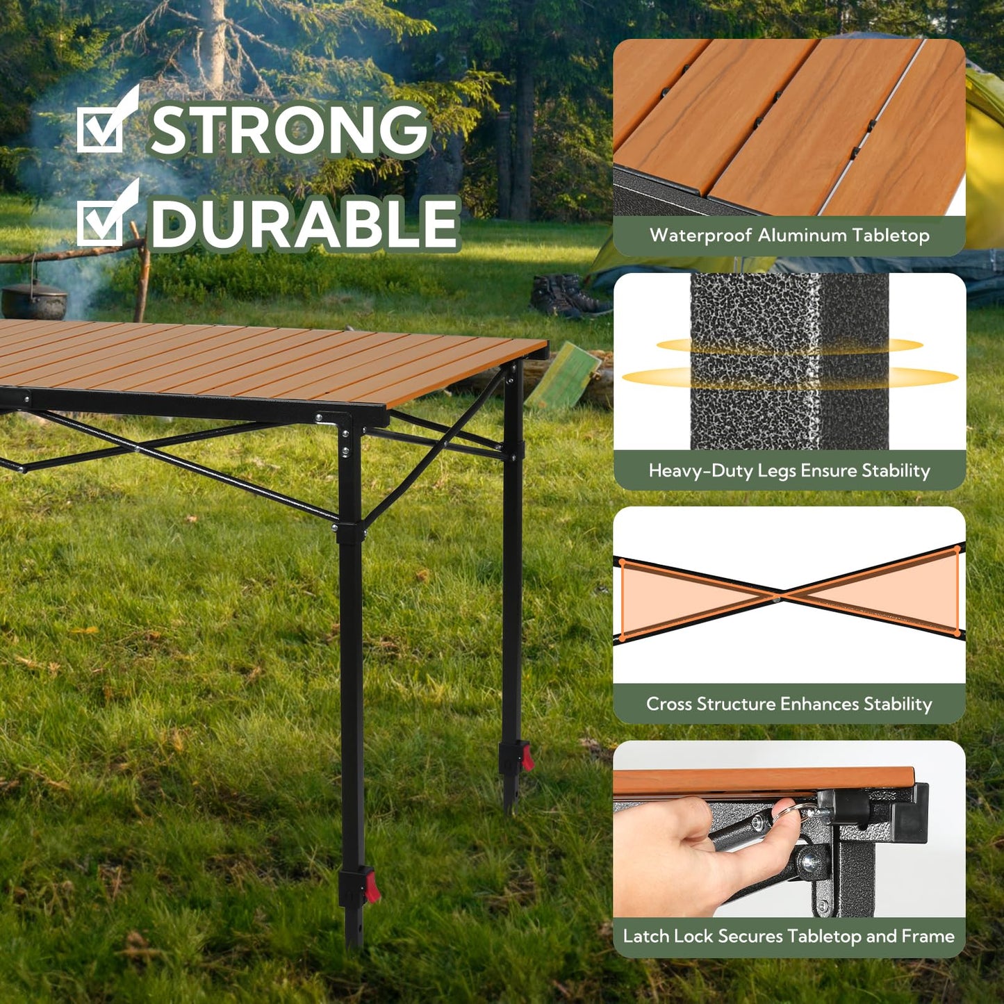 Portable Outdoor Adjustable Height Camping Table, Large for 2-6 Person