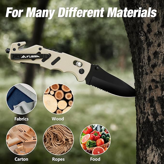 FLISSA Folding Pocket Knife with Clip, Glass Breaker and Seatbelt Cutter, Survival Knife for Emergency Rescue Situations, EDC Knife for Tactical, Hunting, Camping, Outdoor, Unique Gifts for Dad, Father
