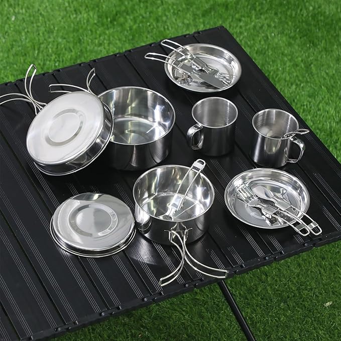 14 Piece Camp Cooking Set, Stainless Steel Camping Cookware with Pot and Pan Kit 2 Set Stainless Steel Cups Plates Forks Knives Spoons for Camping, Backpacking, Outdoor Cooking and Picnic