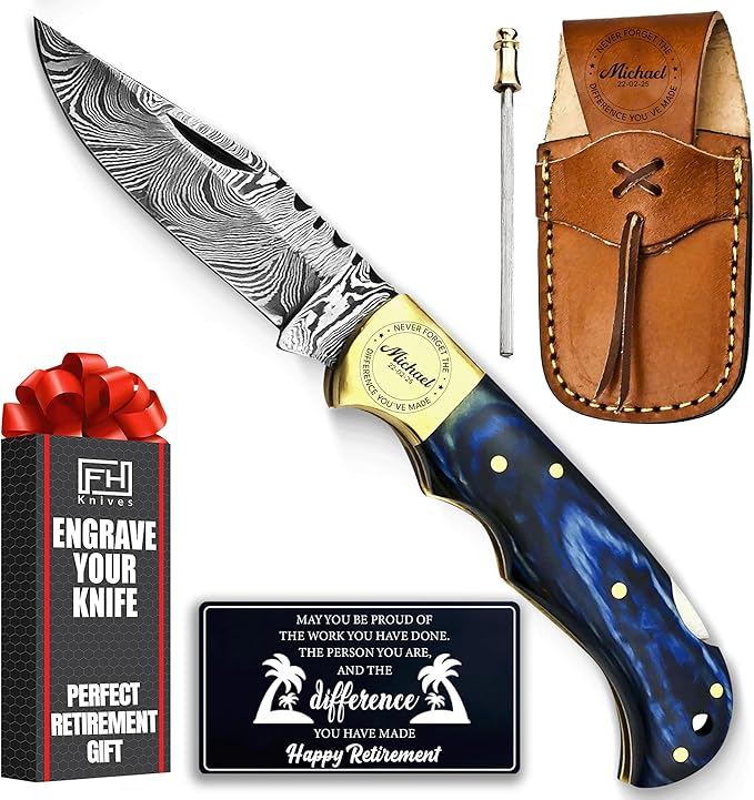 Retirement Gifts for Men - Personalized Damascus pocket knife with sheath - Custom Engraved 2025 Retirement Gifts for Him, Dad, Husband, Boss, Coworker - Best Mens Retirement Gift Ideas