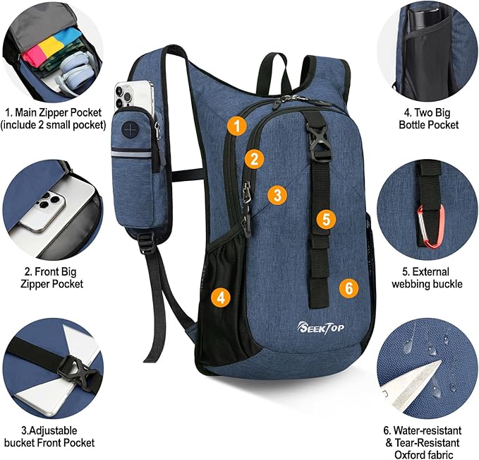 Seektop 15L Small Hiking Backpack for Women Men, Lightweight Hiking Packable Daypack with Phone Pocket for Travel Camping (Dark Blue)
