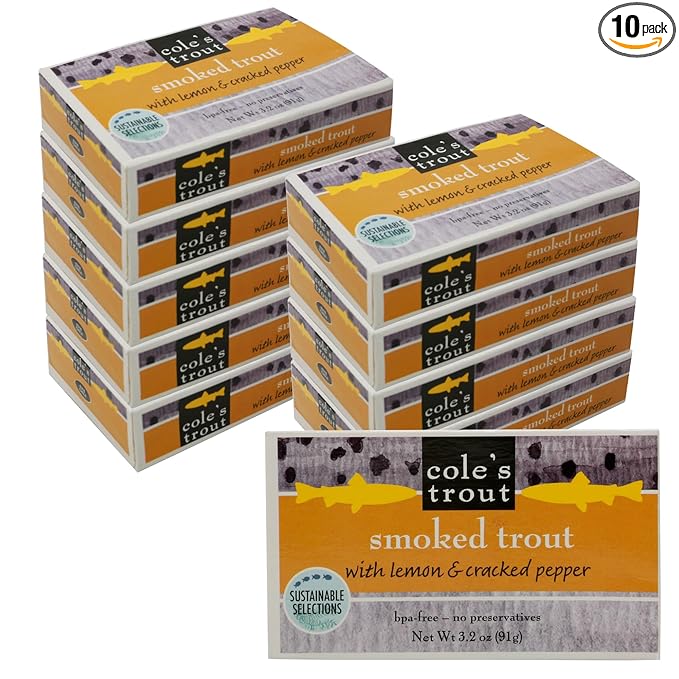 COLE?™S - Smoked Trout Fillet with Lemon & Cracked Pepper | 3.2oz Hand-Packed Canned Fish | High in Protein & Vitamin D | Preservative Free | Pack of 10
