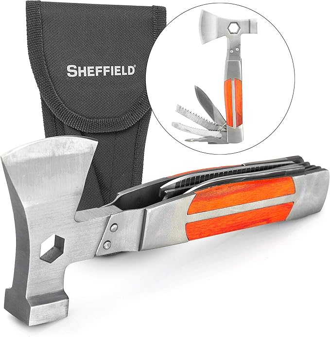 Sheffield 12301 Axe Multi Tool, 12-in-1 Camping Knives & Tools, Utility Tool Double Axe Head, Camping Tool, Stainless Steel Knife Multitool