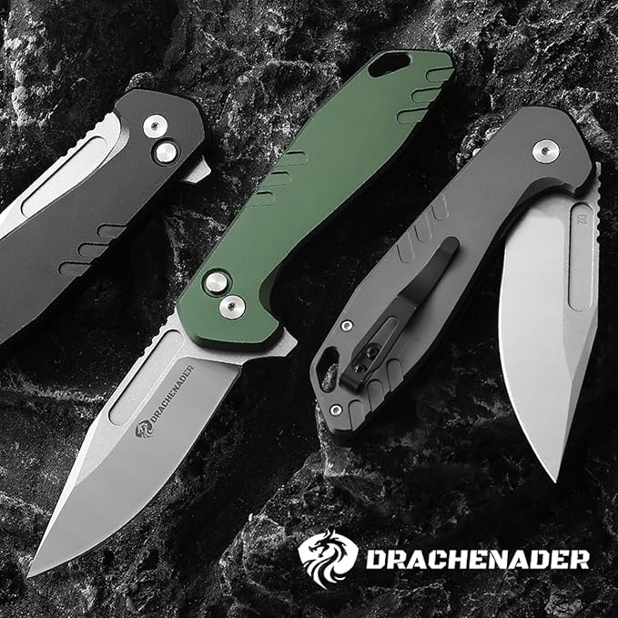 Button Lock Pocket Folding Knife with Nylon-Sheath (Horizontal carry), 3.42" D2 Blade with Aluminum Handle, Camping Pocket & Folding Knives with Clip, EDC Knife Gift, Black