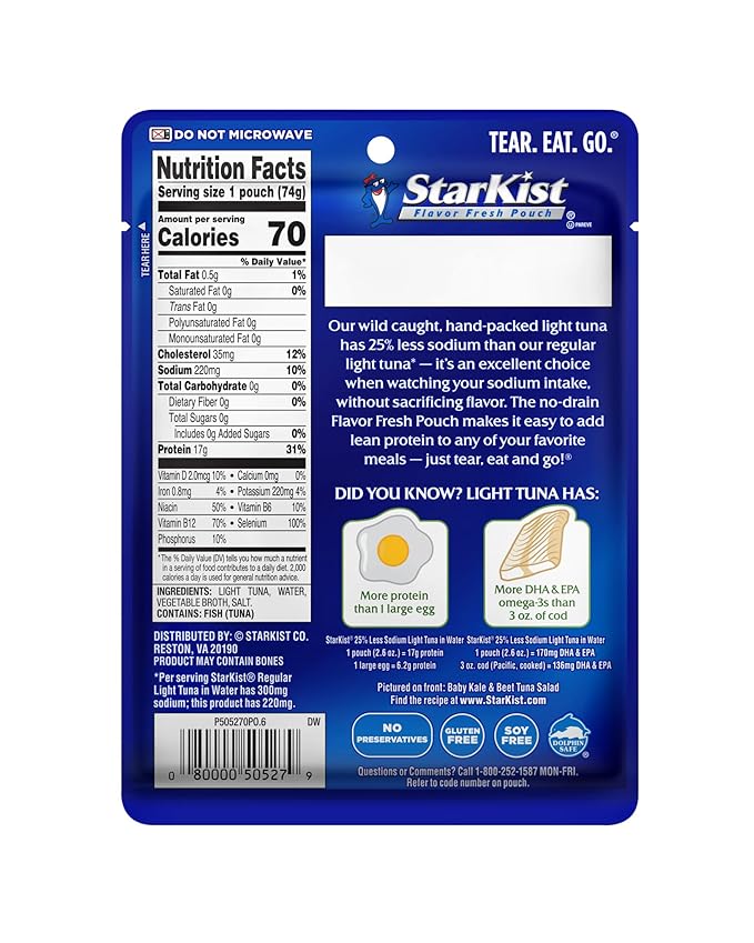 StarKist Reduced Sodium Chunk Light Tuna in Water, 2.6 oz Pouch (24 Pack) Ready to Eat Wild Caught Tuna, 17g Protein, Gluten Free, Soy Free, Kosher, Perfect for Salads, Keto Meals and Snacks