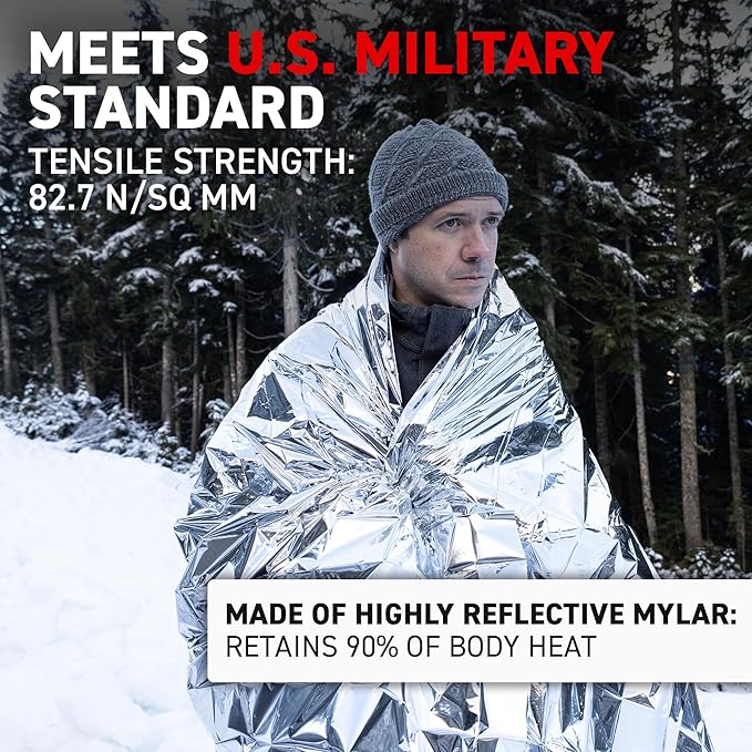 72 HRS Large Emergency Mylar Space Blankets 120-Pack, MIL-SPEC 54″ × 88″ Thermal Survival Foil – Retains 90% Body Heat, Waterproof Reflective Blanket for Camping, Hiking, Marathon, First Aid