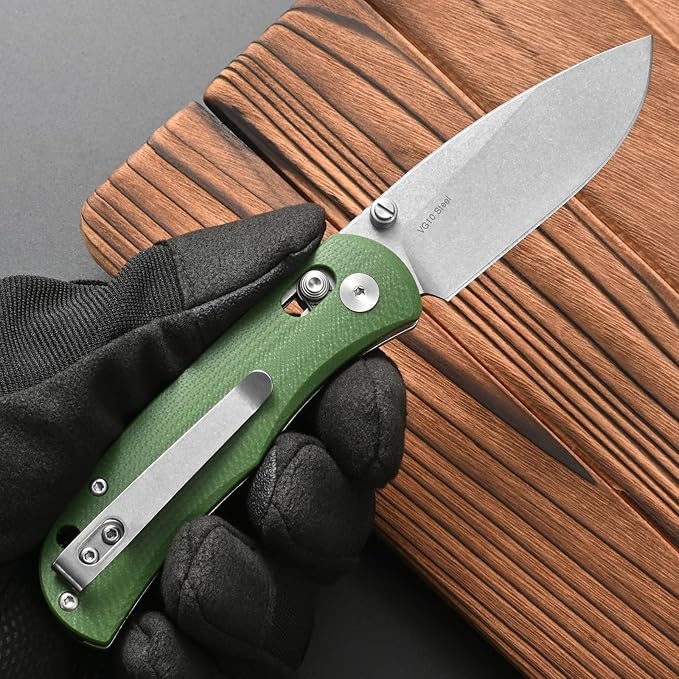 FF22 Folding Pocket Knife,VG10 Steel Blade Micarita Handle Full Tang Knife for Outdoor Activities Camping Hunting Fishing(Green)