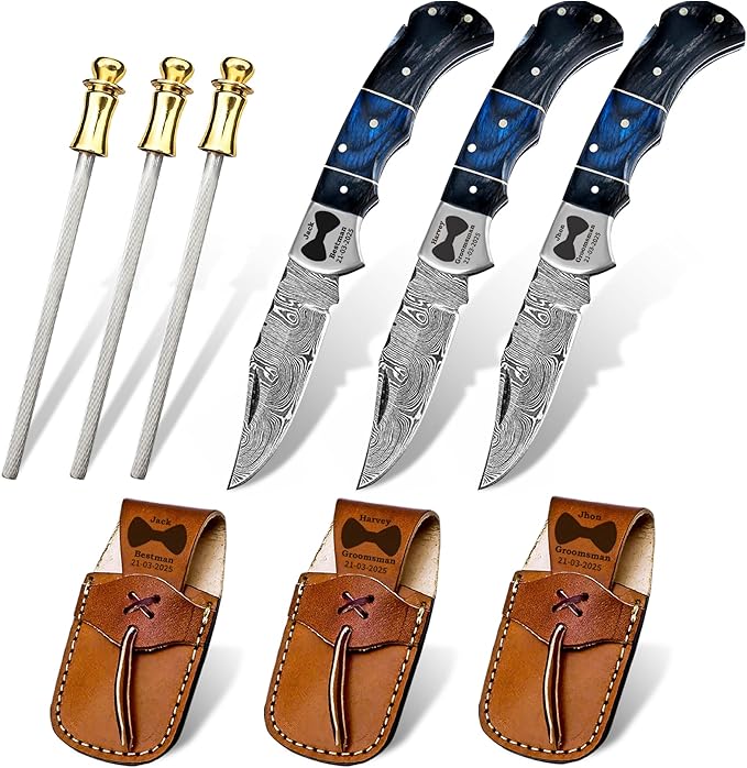 Set of 3 - Personalized Damascus Pocket Knife for Groomsmen -With Leather Sheaths - Custom Engraved Pocket Knives | Groomsman Gifts for Wedding, Groomsmen Proposal Gifts