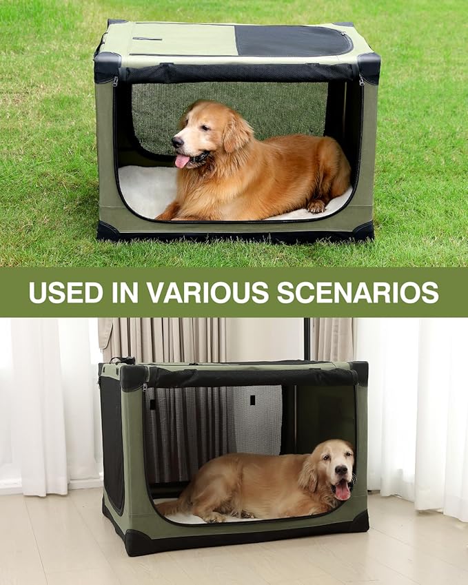 30-Inch Collapsible Travel Dog Crate, Portable 4-Door Soft Kennel for Medium to Large Dogs, Durable Mesh Windows, Indoor/Outdoor Use, Foldable, with Storage Bag (Green)