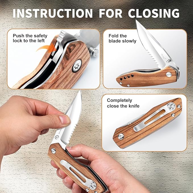 Vickay Folding Pocket Knife for Men & Women, 2.95" 8Cr13MoV Half-Serrated Steel Blade, Wood Hanlde EDC Knife with Clip, Liner Lock Knife for Camping, Hunting, Tactical, Survival and Father's Day Gift