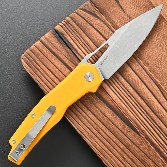 FF21 Folding Pocket Knife,VG10 Steel Blade G10 Handle Full Tang Knife for Outdoor Activities Camping Hunting Fishing(Yellow)