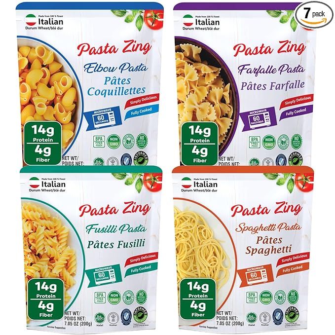 Pasta Zing Microwavable Variety Pasta Pack of 7 | 2x Farfalle | 3x Spaghetti, 1x Fusilli Pasta, 1x Elbow | Microwave Pasta Ready To Eat in 60 Sec - Fully Cooked -100% Durum Wheat 7.05 Ounce