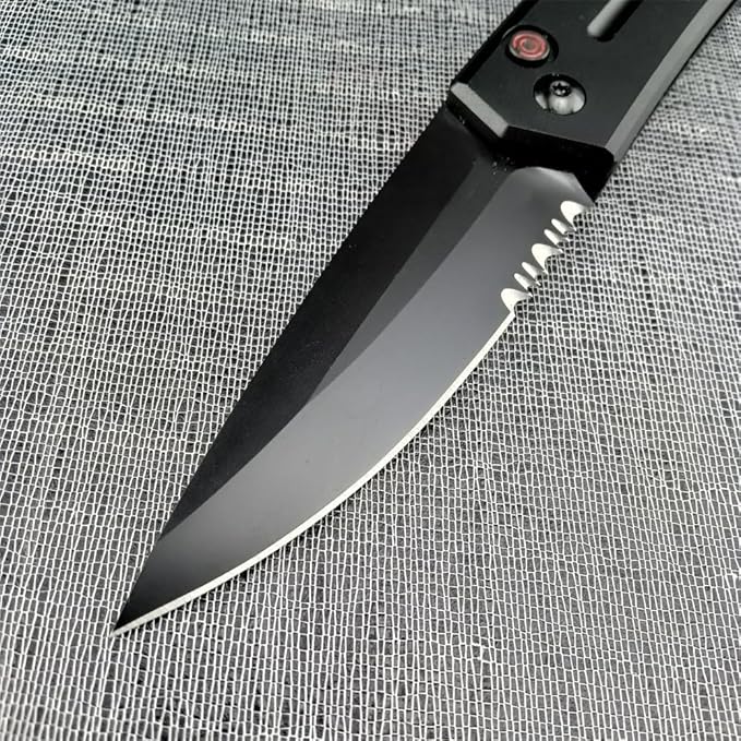 3.31'' D2 Steel Blade Aluminum Handles Speed Safe Botton Fast Opening Folding Knife with Pocket Clip, Camping EDC Tools, Survival Knives, Christmas Gift for Men and Women (Black Serrated Blade)