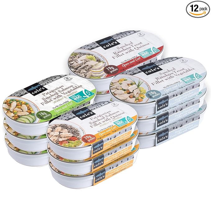 COLE’S Open & Eat Meals Variety Pack | 5.6 oz Hand-Packed Smoked Salmon & Trout with Quinoa & Vegetables | Ready to Eat Meals | High Protein - 12 pack