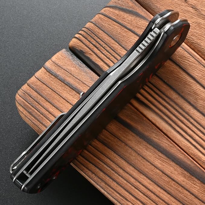 FF19 Folding Pocket Knife，D2 Steel Blade Carbon Fiber Handle EDC Tool Knife for Outdoor Camping Hunting Fishing Working(Red)