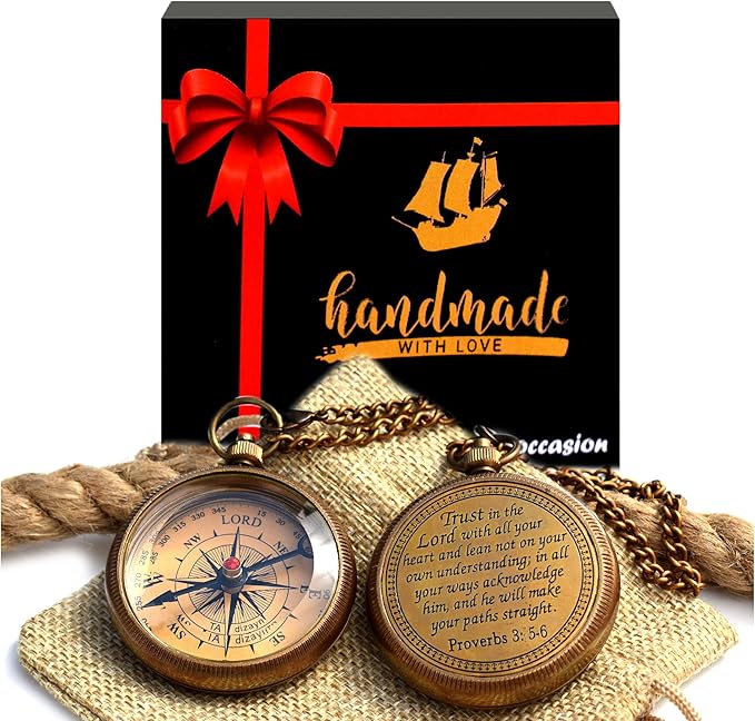 Trust in The Lord With All Your Heart - Proverbs 3:5-6 Quote Engraved Compass With Wooden Box