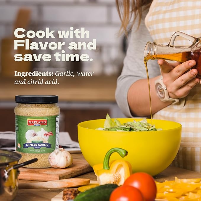 Garland Food Minced Garlic in Water 32 oz ??Made in the USA - Minced Garlic in Jar for Fresh Flavor, Time-Saving Prep, and Versatile Uses in Every Dish