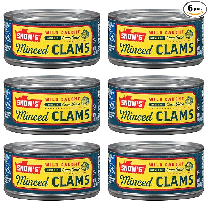 Snow's Wild Caught Minced Clams Canned, 6.5 Oz Can - 5g Protein Per Serving - Gluten Free, Keto Friendly, 99% Fat Free - Great For Pasta & Seafood Recipes (Pack of 6)