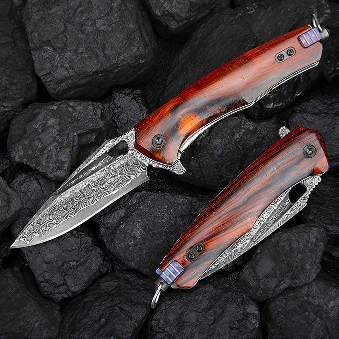 Damascus steel multifunctional EDC folding knife with self assembling pocket clip, lining lock, leather sheath, one piece disassembly pocket knife