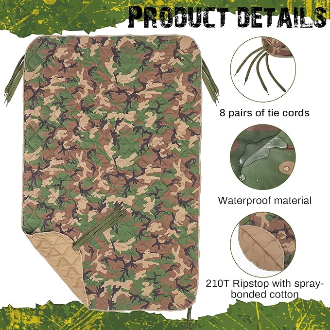 Barydat 80 x 60 Inch Woobie Military Poncho Liner Woobie Blanket Waterproof Thermal Poncho Liner with Bag Camo for Outdoor Camping Hunting Hiking