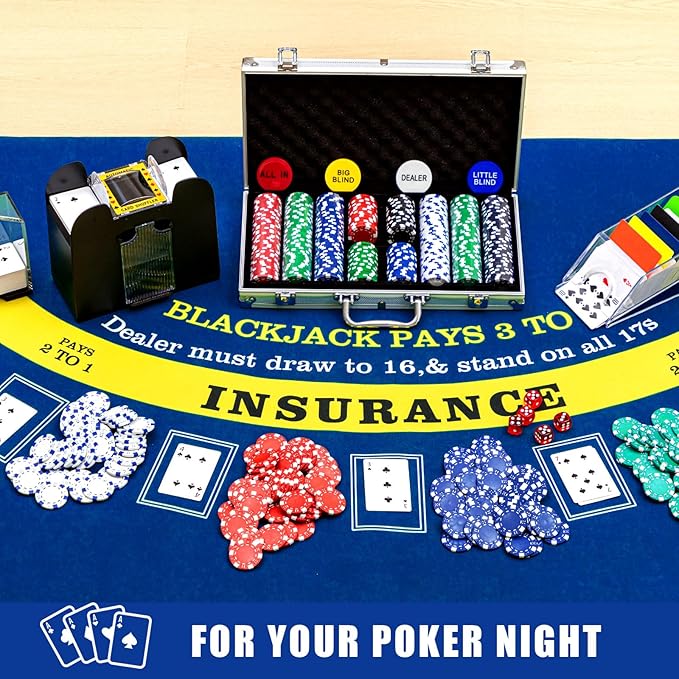 Aoriher Blackjack Casino Game Set, Include 300 Poker Chips, Casino Felt 1 Automatic Card Shuffler 6 Deck Dealer Shoe Discard Holder Tray Aluminum Case for Texas Holdem Blackjack Poker(Blue)