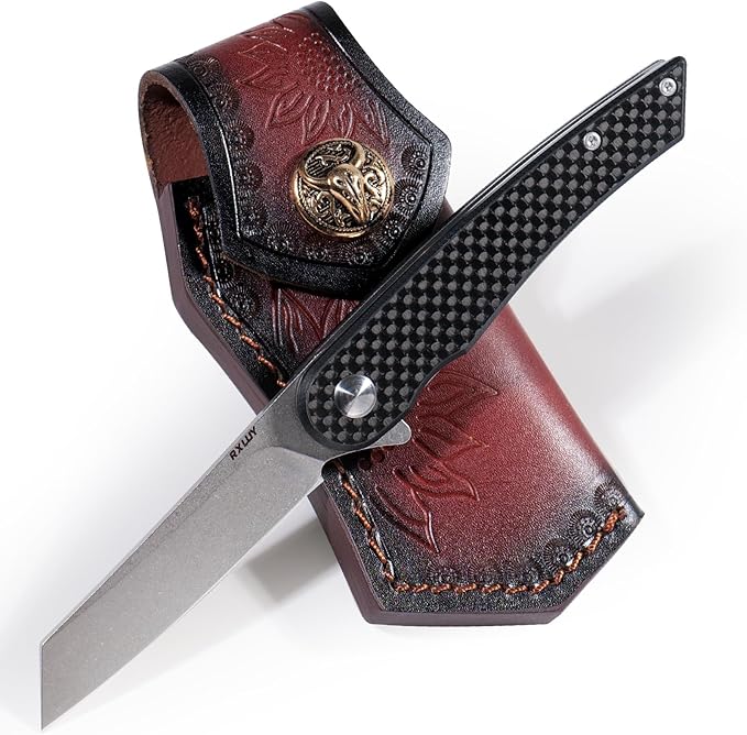 Folding Pocket Knife with Leather Sheath, 2.79??14C28N Steel Blade Carbon Fibre Handle Flipper Liner Lock Small EDC Folding Knife, Sharp Camping Outdoor Survival Knives for Men Women (Black)