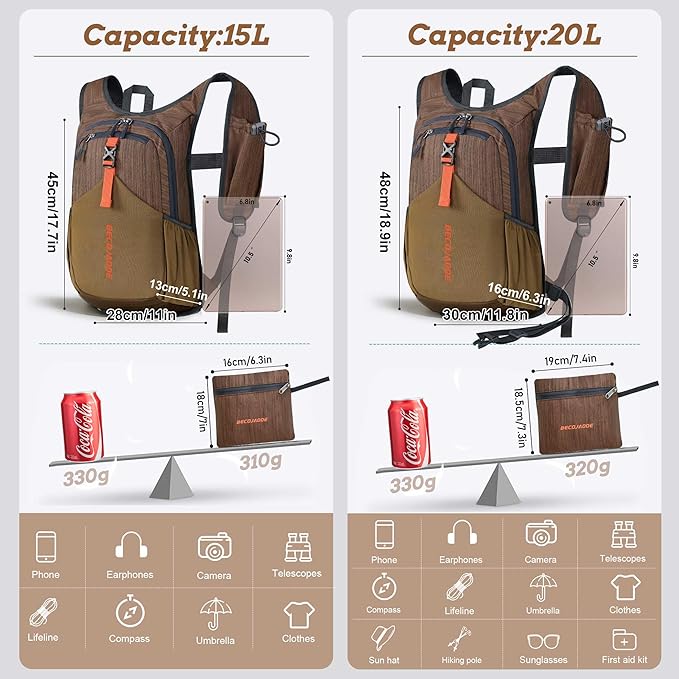 20L Small Hiking Backpack for Men Women Foldable Packable Back Pack Ultralight Hiking Daypack for Travel Camping Outdoor, Chocolate Brown