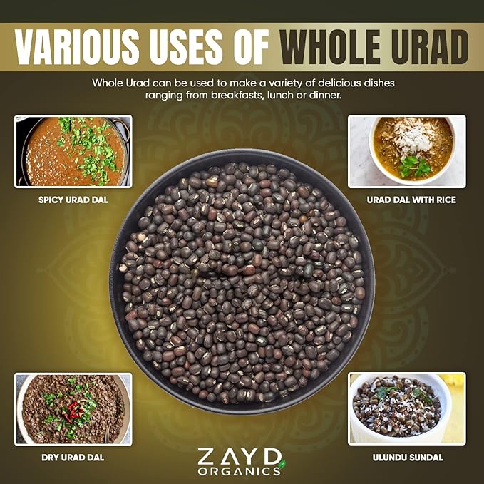 Zayd Organics Urad Whole, Black Matpe Lentils, USDA Organic, 1.75lbs (800g)
