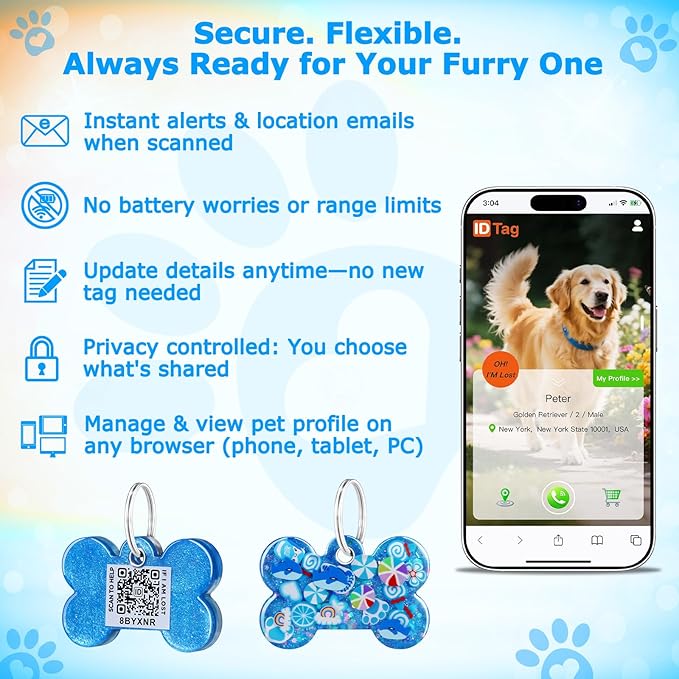 Resin Dog Tags Personalized for Pets with QR Code, Silent Online Editable Pet ID Tags for Medium to Large Breeds Dogs Cats, Scan Alerts & Send Location, No App No Subscription Fee, Hand Made (1.5*1")