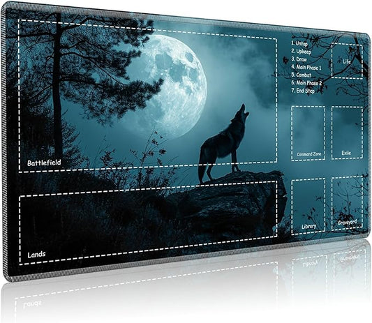 Playmat for MTG with Zones, 24 x 14 inches Game Play Mat for MTG TCG, Trading Card Game Play Mat Desk Mats with Stitched Edges Non-Slip Base, Wolf Howling