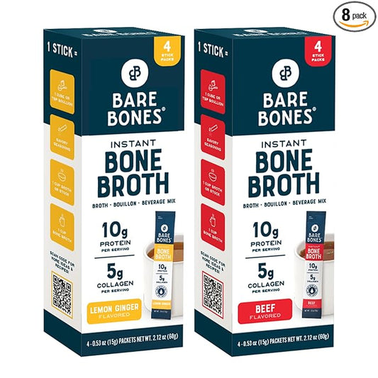 Bare Bones Bone Broth Instant Powdered Beverage Mix, Chicken & Beef, Variety Pack of 8, 4 Chicken & 4 Beef - 15g Sticks, 10g Protein, Keto & Paleo Friendly