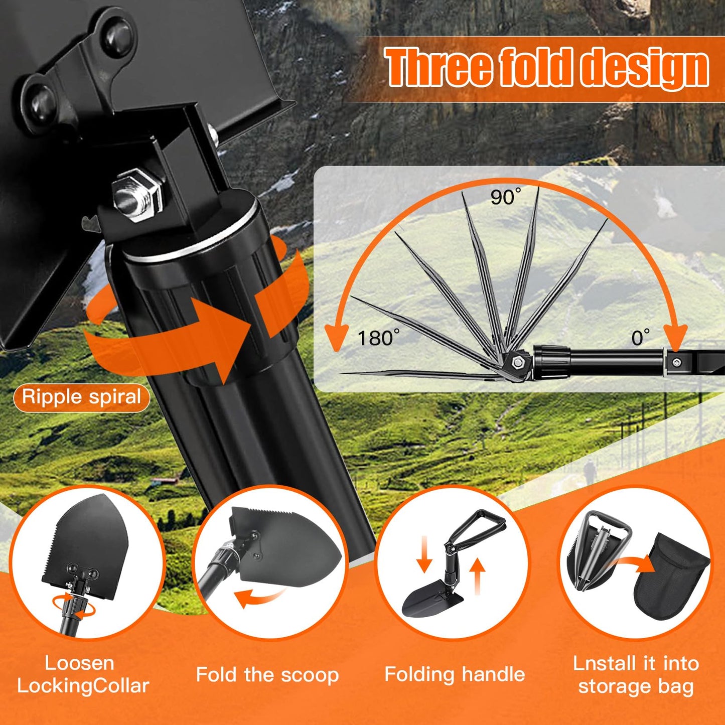 Outdoor Multi-use Folding Digging Shovel, 18.5 Inch Lightweight High Carbon Steel Spade with