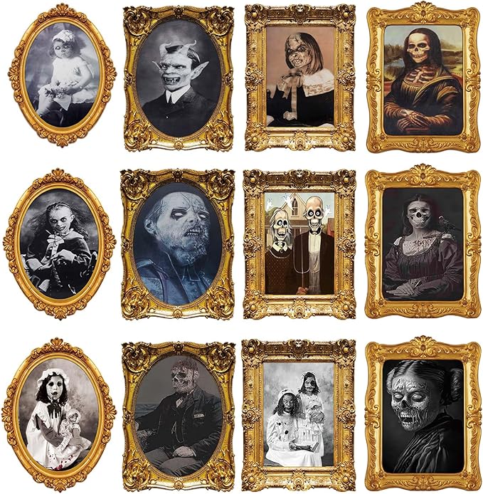 ECGER Halloween Decorations Indoor, Haunted Scary Decor - 3D Changing Face Pictures, Vintage Moving Wall Portraits Frame, For Horror Spooky Party Mansion Castle House Home Decoration(12 Pieces)