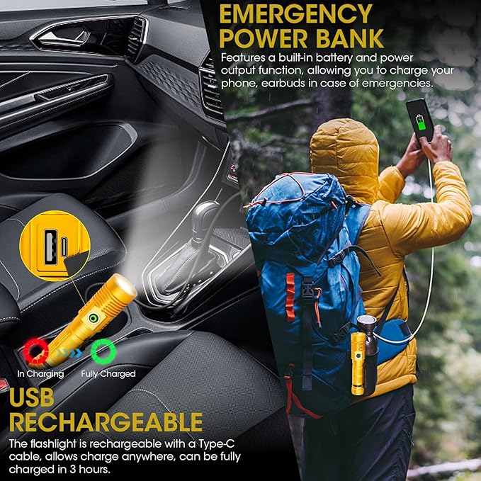 Rechargeable Flashlight High Lumens, High Lumens Super Bright Magnetic Flash Light, 1500 Meter Long-Range Zoomable LED Flashlights for Emergency, Waterproof Flashlight Dimmable, Gold,1PC