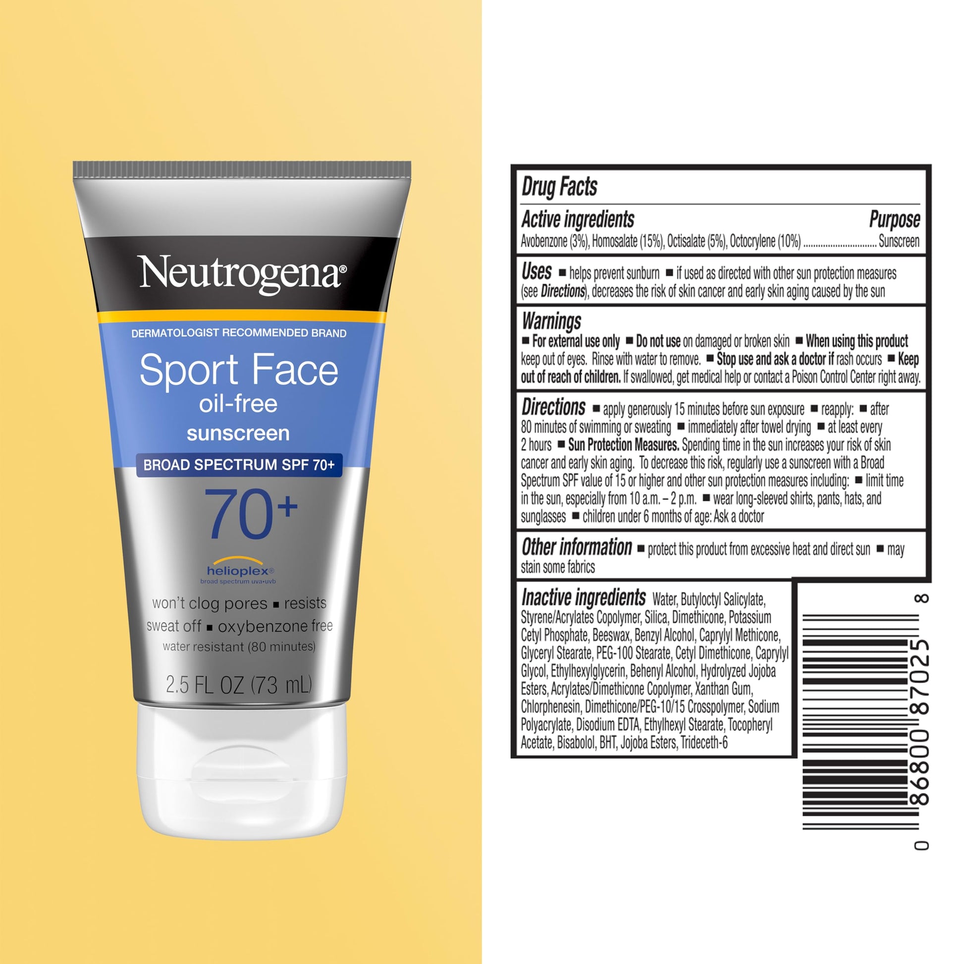 Neutrogena Sport Face Sunscreen Lotion SPF 70+, 2.5 fl. oz