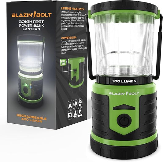 Blazin Bolt Rugged USB Rechargeable Lantern | 6000mAh Power Bank | 400 Lumen | 400 Hours of Light | 6 Modes | Camping, Emergency, Power Outage, Storm, Blizzard, Hurricane Survival