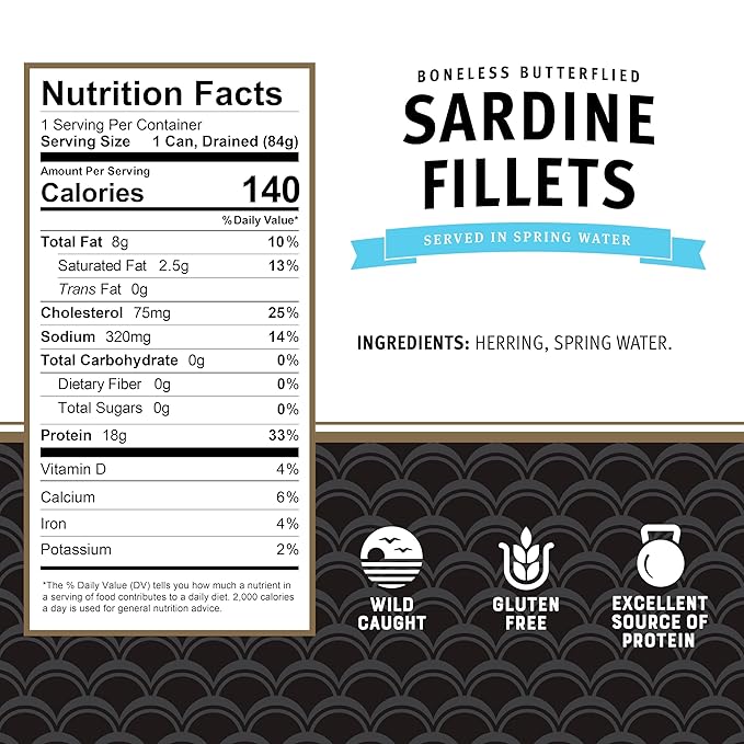 Brunswick Sardines in Spring Water, 3.75 oz Can (Pack of 12) - Boneless Butterflied Sardine Fillets - Wild Caught - 18g Protein per Serving - Gluten Free, Keto Friendly