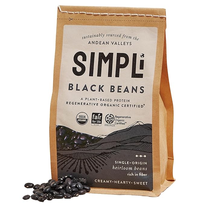 SIMPLi Regenerative Organic Certified Black Beans, Creamy and Rich Flavor, Immune-Boosting Vitamin C, Slow-Digesting Carbs, USDA Organic, 12 oz