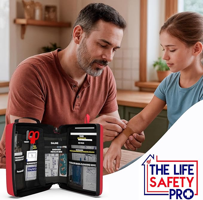Portable First Aid Kit for Kids with CPR Shield - Ideal for Home, Car, School, Camping, and as a Travel First aid kit. Latex-Free Bandages ??Children First Aid Guide by The Life Safety Pro