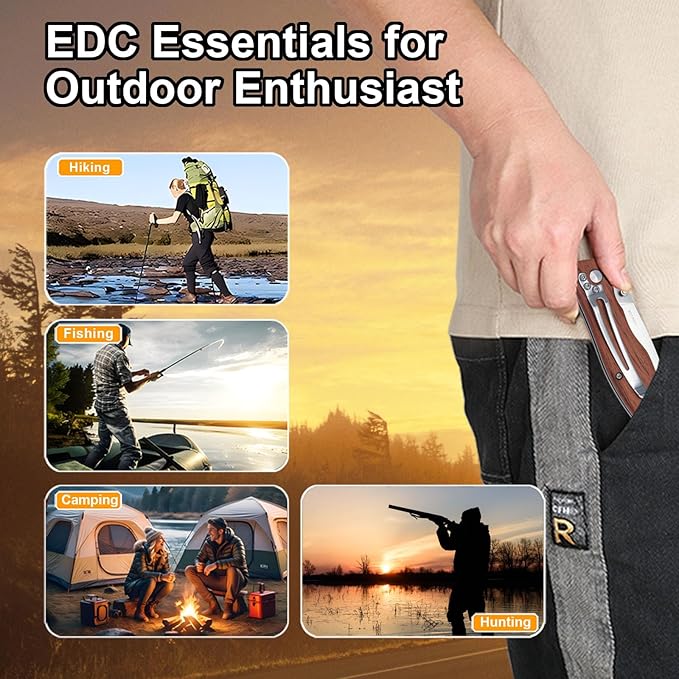 Vickay Pocket Knife for Men, Folding Knife with Clip, 3.74" 8Cr13MoV Steel Blade, Wood Handle EDC Knife for Outdoor Capmping, Tactical, Hunting and Fishing Gift