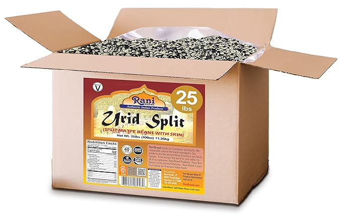 Rani Urid/Urad Split Chilka (Split Matpe Beans with Skin) Indian Lentils 400oz (25lbs) 11.36kg Bulk Box ~ All Natural | Gluten Friendly | Non-GMO | Kosher | Vegan | Indian Origin