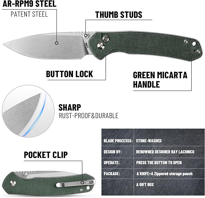 CJRB CUTLERY Pocket Knife Pyrite (J1925L) Button Lock EDC Large Foldable Knife AR-RPM9 Steel Blade and Green Micarta Handle Pink Outdoor for Women Men for Gifts