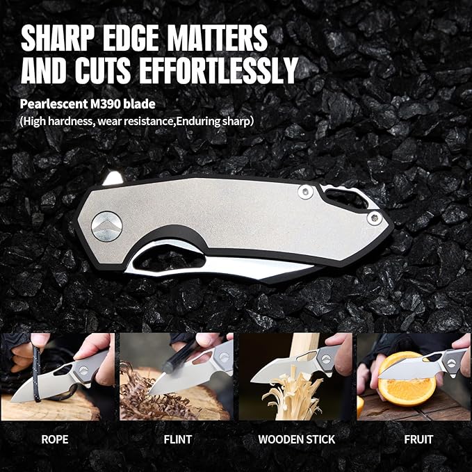 Folding Knife pocket knife EDC Knife With Clip Survival knife Camping knife - M390 Steel Titanium Handle - Outdoor Camping Hiking Survival Hunting knife with Sheath Gifts For Men (Grey)